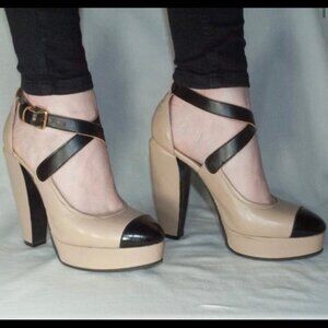 Worn Once! Marni Tan Black Cap Toe Heeled Mary Jane Shoes 38 (8)